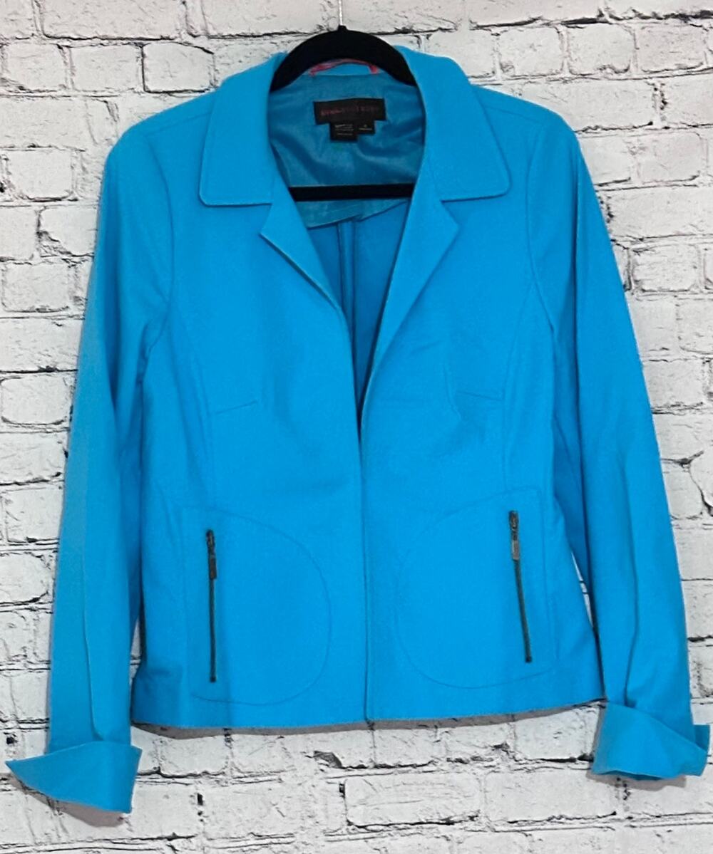 NINA MCLEMORE BLUE OPEN FRONT STRETCH COTTON BLAZER SIZE 6